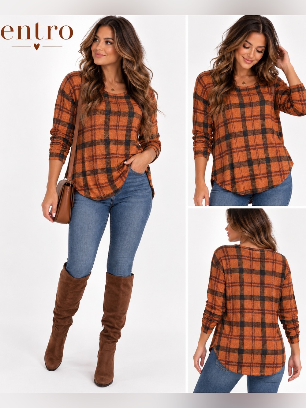 Entro Women’s Plaid Long Sleeve Top Size small Rust Orange Black Fall Tunic